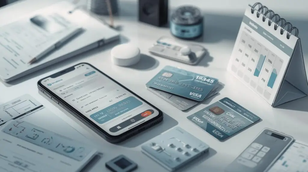 cartão de crédito com smartphone exibindo fatura e ícones de cashback, pontos e milhas em ambiente corporativo