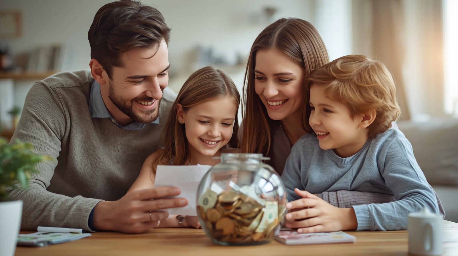 Família aprendendo sobre educação financeira com cofrinho em casa.