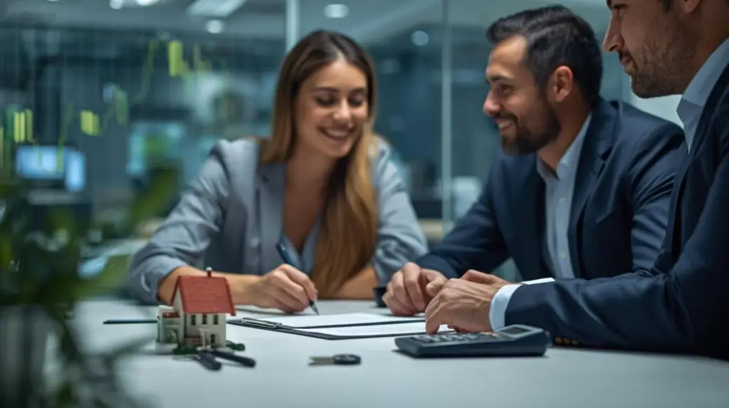 Casal assinando contrato de financiamento com gerente em banco moderno, miniatura de casa e chave sobre a mesa, clima realista e profissional