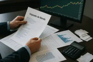 Investidor organizando documentos, calculadora e computador com gráficos para declaração do Imposto de Renda sobre investimentos