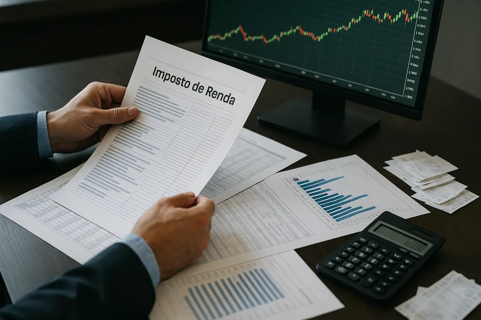Investidor organizando documentos, calculadora e computador com gráficos para declaração do Imposto de Renda sobre investimentos
