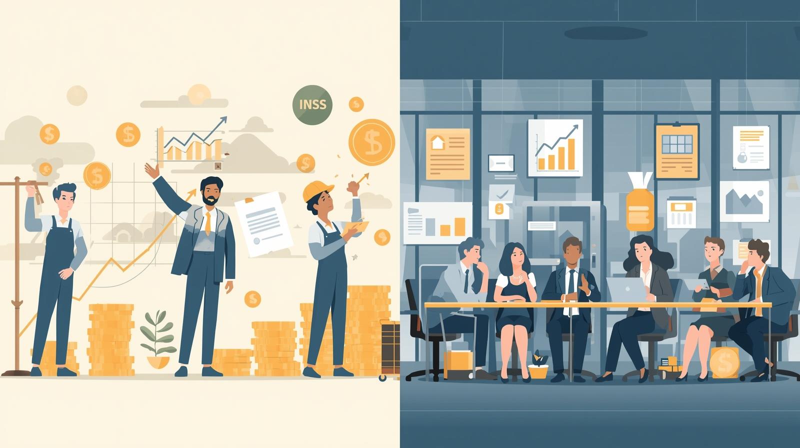 Ilustração comparativa entre Previdência Pública (INSS) e Fundos de Pensão no Brasil