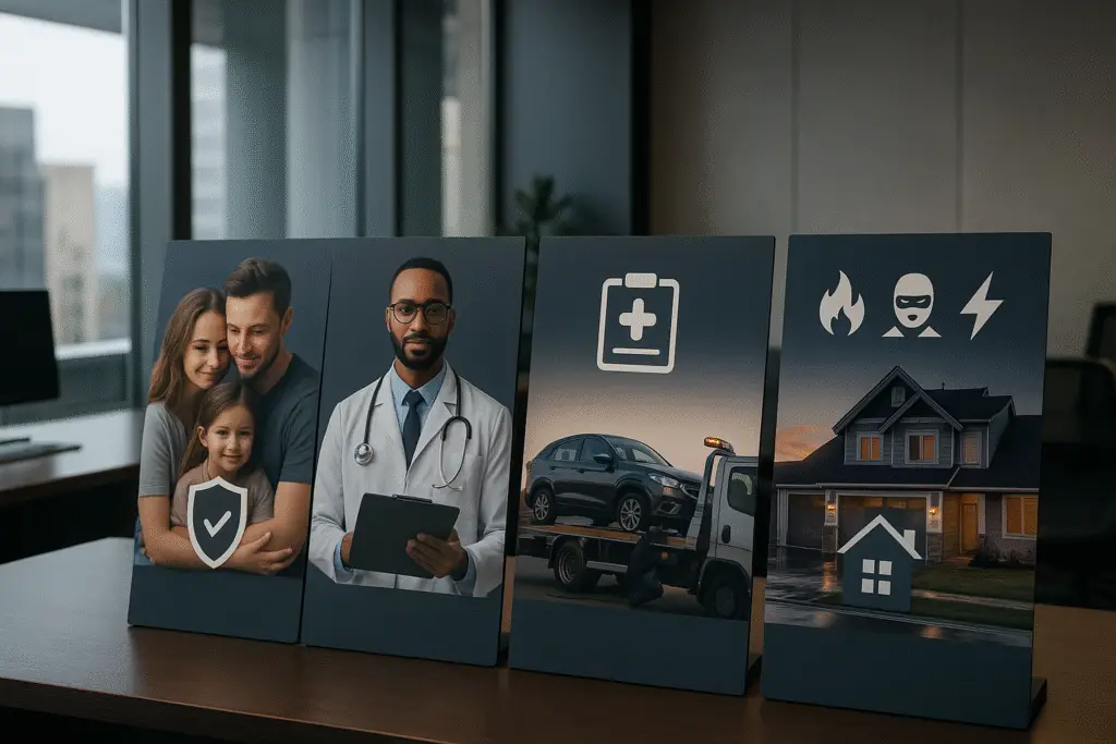 Comparativo visual de seguros: vida, saúde, auto e residencial com ícones de cobertura e proteção