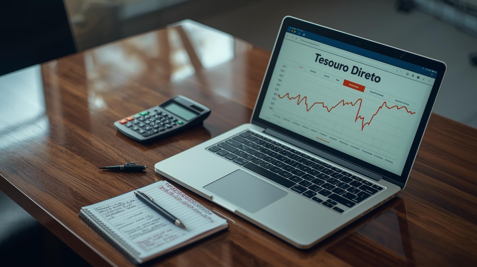 Mesa com notebook mostrando gráfico do Tesouro Direto, calculadora e caderno de anotações