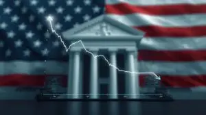 Reunião do Federal Reserve com gráfico indicando corte de juros e bandeira dos EUA ao fundo, simbolizando impacto econômico global