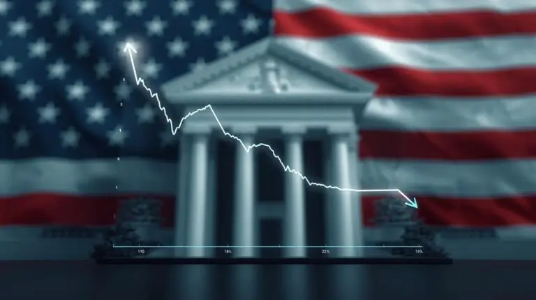 Reunião do Federal Reserve com gráfico indicando corte de juros e bandeira dos EUA ao fundo, simbolizando impacto econômico global