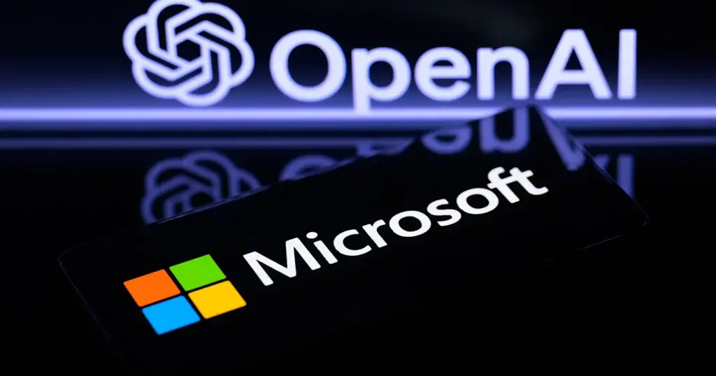 Executivos da OpenAI e Microsoft selando parceria de 27% de participação, simbolizando a transição da OpenAI para empresa com fins lucrativos em 2025.