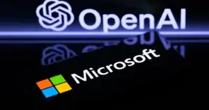 Executivos da OpenAI e Microsoft selando parceria de 27% de participação, simbolizando a transição da OpenAI para empresa com fins lucrativos em 2025.