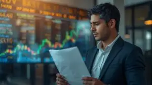 Trabalhador analisa contrato de crédito consignado com gráfico de juros em alta, simbolizando aumento das taxas para 58,4% ao ano em 2025.