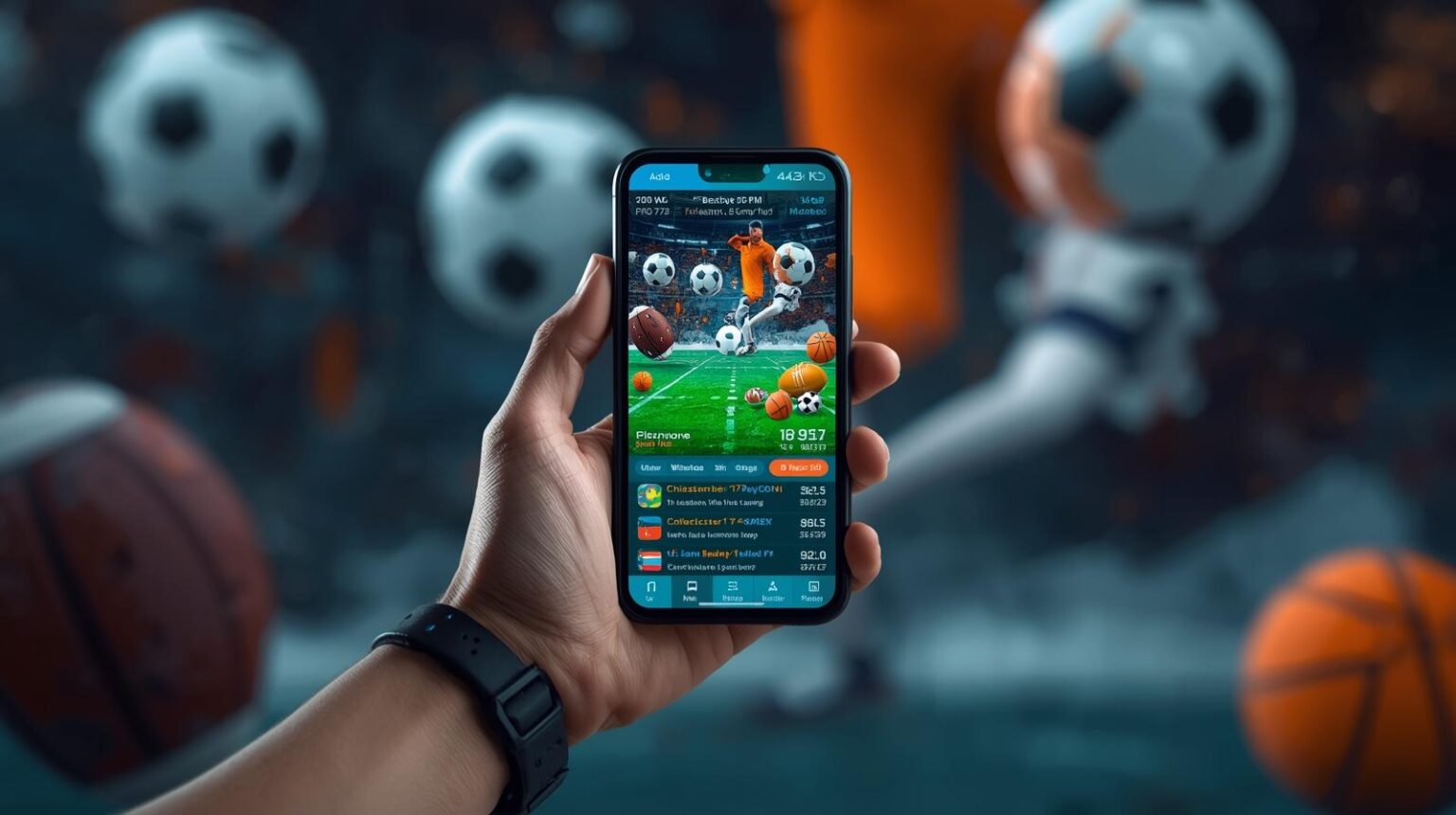 Pessoa usando aplicativo de apostas esportivas no celular com interface colorida e dados de jogos