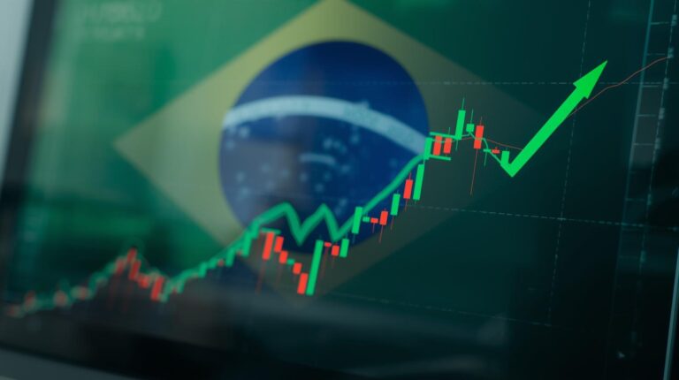 Gráfico com linha verde e vermelha simbolizando alta da Bolsa e estabilidade do dólar no Brasil em 2025
