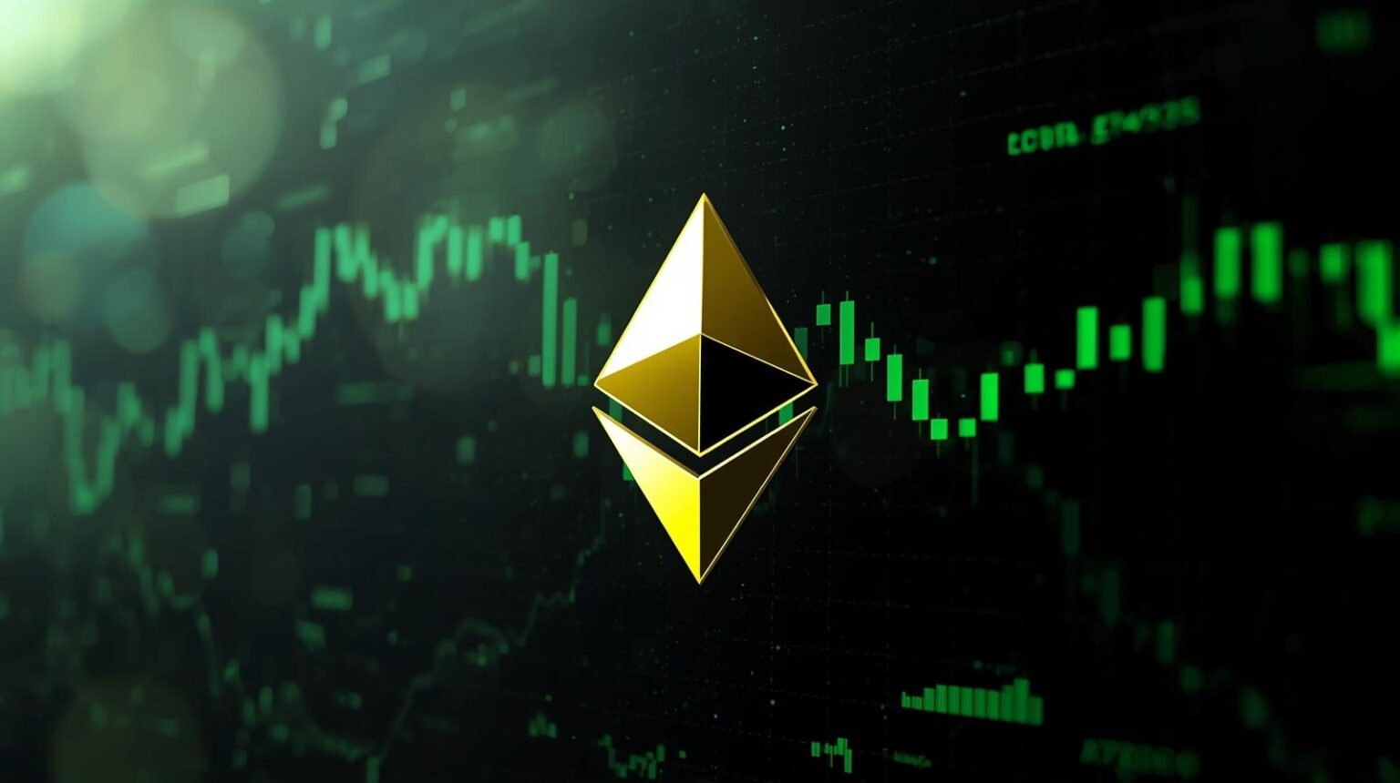 Logotipo do Ethereum sobre fundo digital com gráficos de volatilidade e oscilação de mercado