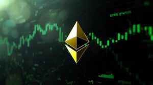 Logotipo do Ethereum sobre fundo digital com gráficos de volatilidade e oscilação de mercado