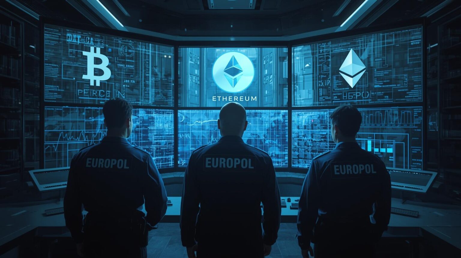 Agentes da Europol analisando atividades criminosas com criptomoedas