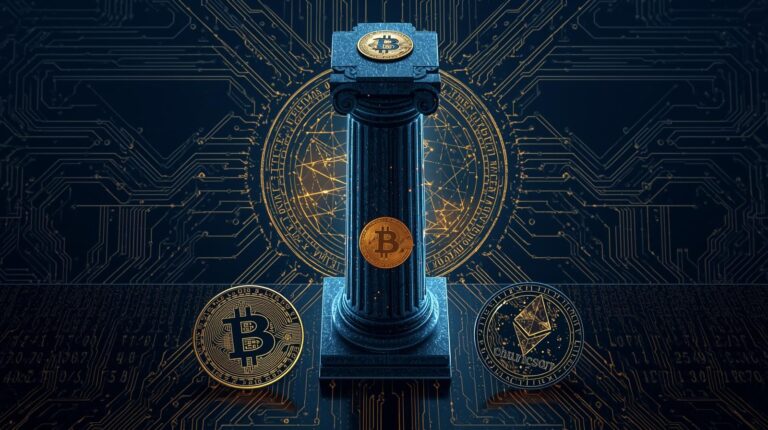 Guia de Regulação Cripto: Ilustração abstrata de leis e riscos envolvendo criptomoedas voláteis, com rede protetora e sinal de perigo.