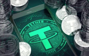 Moeda digital Tether USDT com gráficos de crescimento e destaque financeiro global em 2025