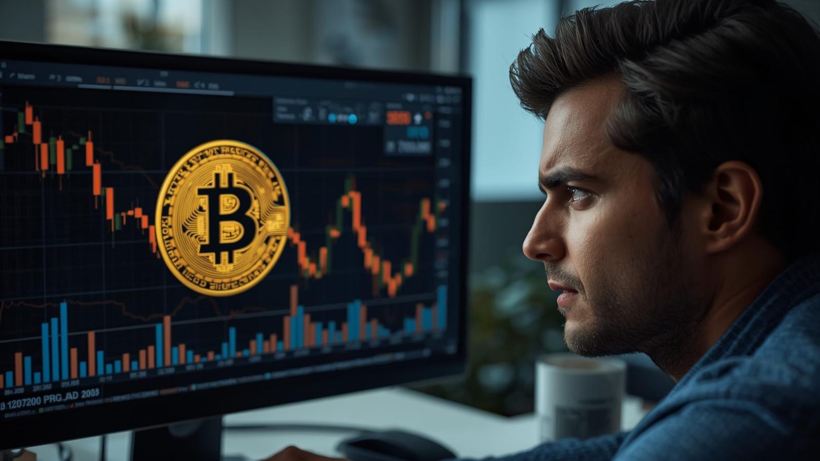 Moeda Bitcoin dourada diante de gráfico vermelho simbolizando queda de outubro de 2025