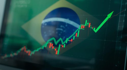 Gráfico com linha verde e vermelha simbolizando alta da Bolsa e estabilidade do dólar no Brasil em 2025