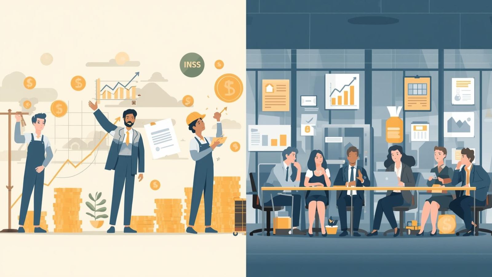 Ilustração comparativa entre Previdência Pública (INSS) e Fundos de Pensão no Brasil