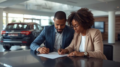 Casal assina contrato de aluguel de carro com opção de compra e consulta cobertura de seguro auto
