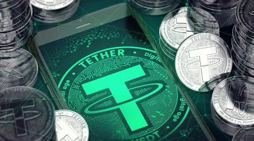 Moeda digital Tether USDT com gráficos de crescimento e destaque financeiro global em 2025