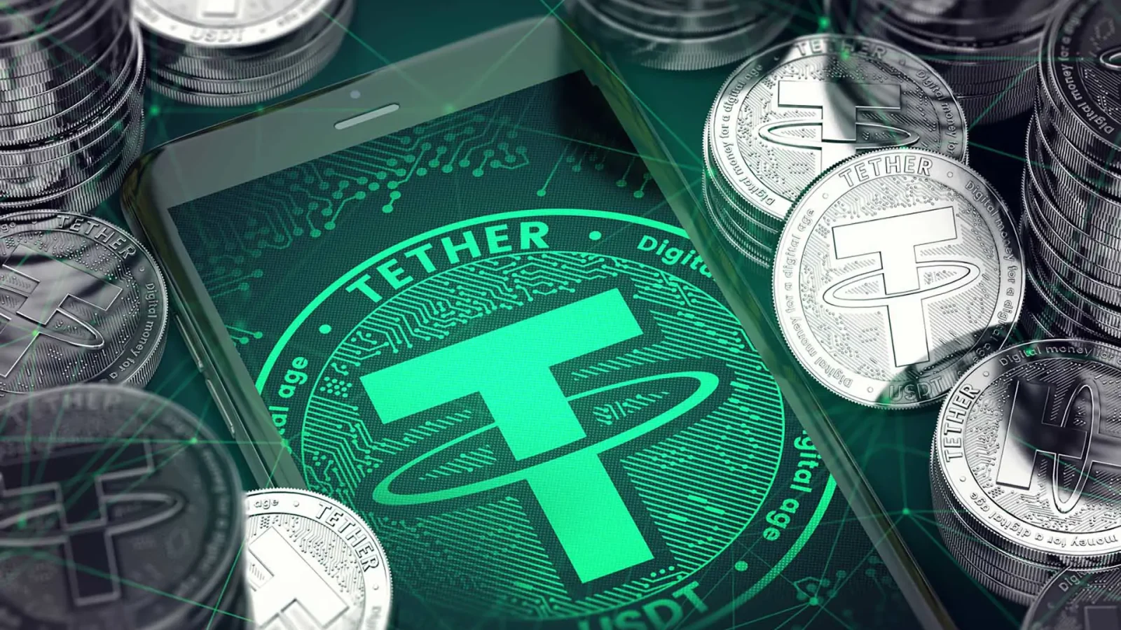 Moeda digital Tether USDT com gráficos de crescimento e destaque financeiro global em 2025